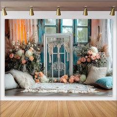 Lofaris Boho Blumen Fotohintergrund mit Makramee und Fensterrahmen, eleganter Wandteppich für romantische Porträtfotografie