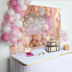 Lofaris Pastellfarbener Teddybär Babyparty Hintergrund mit Luftballons Wolken Regenbogen und Sternen, süße Kulisse für Fotoshooting und Feier