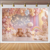 Lofaris Pastellfarbener Teddybär Babyparty Hintergrund mit Luftballons Wolken Regenbogen und Sternen, süße Kulisse für Fotoshooting und Feier