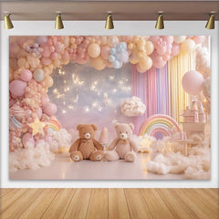 Lofaris Pastellfarbener Teddybär Babyparty Hintergrund mit Luftballons Wolken Regenbogen und Sternen, süße Kulisse für Fotoshooting und Feier
