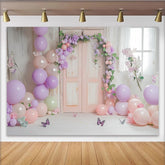 Lofaris Zarter Pastell Blumen Ballon Hintergrund für Babyparty oder Mädchen Geburtstag, elegante Fotowand mit Holztür und Schmetterlingen
