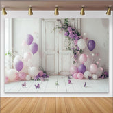 Lofaris Pastellfarbener Blumen Ballon Geburtstagshintergrund mit Holztür und Schmetterlingen, elegante Fotowand für Mädchenparty Dekoration