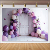 Lofaris Lila Rosa Ballon Geburtstagshintergrund für Mädchen mit Blumen und Schmetterlingen, verträumte Fotowand für Partydekoration