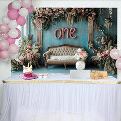 Lofaris Boho Blumen 1. Geburtstag Hintergrund für Mädchen, rustikale Fotowand mit rosa Rosen und Makramee für Babyfotografie