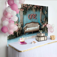 Lofaris Boho Blumen 1. Geburtstag Hintergrund für Mädchen, rustikale Fotowand mit rosa Rosen und Makramee für Babyfotografie