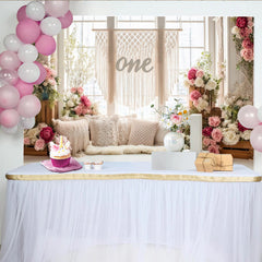 Lofaris Rosa Blumen 1. Geburtstag Hintergrund mit Makramee und Zahl Eins, elegante Fotokulisse für Baby Fotoshooting und Partydekoration