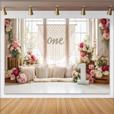 Lofaris Rosa Blumen 1. Geburtstag Hintergrund mit Makramee und Zahl Eins, elegante Fotokulisse für Baby Fotoshooting und Partydekoration