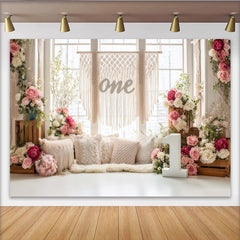 Lofaris Rosa Blumen 1. Geburtstag Hintergrund mit Makramee und Zahl Eins, elegante Fotokulisse für Baby Fotoshooting und Partydekoration