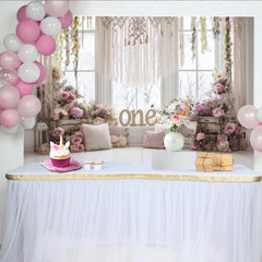 Lofaris Rosa Blumen Erster Geburtstag Hintergrund für Mädchen mit "One" Schriftzug, elegante Fotowand für Baby Fotoshooting Dekoration
