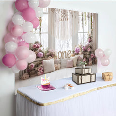 Lofaris Rosa Blumen Erster Geburtstag Hintergrund für Mädchen mit "One" Schriftzug, elegante Fotowand für Baby Fotoshooting Dekoration