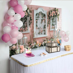 Lofaris Romantischer Frühlings Blumenfenster-Hintergrund mit rosa Backsteinwand, elegante Kulisse für professionelle Fotografie