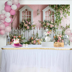 Lofaris Rosa Frühlingsgarten Fotohintergrund mit weißem Zaun und Blumen, idyllische Kulisse für romantische Fotoshootings