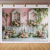Lofaris Rosa Frühlingsgarten Fotohintergrund mit weißem Zaun und Blumen, idyllische Kulisse für romantische Fotoshootings