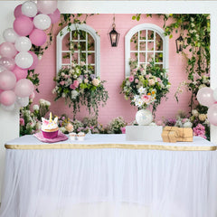 Lofaris Rosa Ziegelwand Blumenfenster Hintergrund mit Rosen und Ranken, romantische Frühlingsgarten Fotowand für Fotoshooting und Dekoration