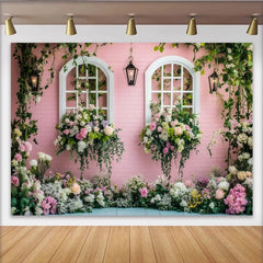 Lofaris Rosa Ziegelwand Blumenfenster Hintergrund mit Rosen und Ranken, romantische Frühlingsgarten Fotowand für Fotoshooting und Dekoration
