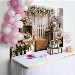 Lofaris Rustikaler Oster-Fotohintergrund mit Hasen und Frühlingsblumen, charmante Kulisse für Frühlingsfotos und festliche Dekoration