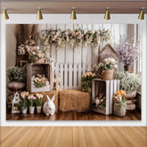 Lofaris Rustikaler Oster-Fotohintergrund mit Hasen und Frühlingsblumen, charmante Kulisse für Frühlingsfotos und festliche Dekoration