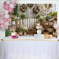 Lofaris Rustikaler Frühlingsfotohintergrund mit Holzzaun und zarten Blumen, idyllische Kulisse für Ostern und Fotoshootings