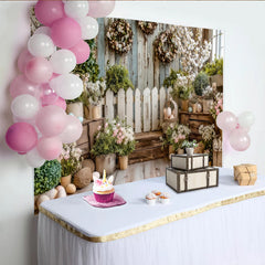Lofaris Rustikaler Frühlingsfotohintergrund mit Holzzaun und zarten Blumen, idyllische Kulisse für Ostern und Fotoshootings
