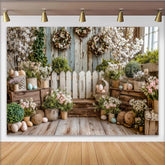 Lofaris Rustikaler Frühlingsfotohintergrund mit Holzzaun und zarten Blumen, idyllische Kulisse für Ostern und Fotoshootings