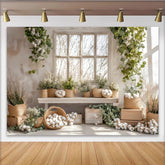 Lofaris Heller Natur-Fotohintergrund mit Baumwolle und Eukalyptus am Fenster, rustikale Frühlingskulisse für professionelles Fotostudio