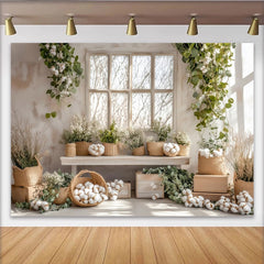 Lofaris Heller Natur-Fotohintergrund mit Baumwolle und Eukalyptus am Fenster, rustikale Frühlingskulisse für professionelles Fotostudio