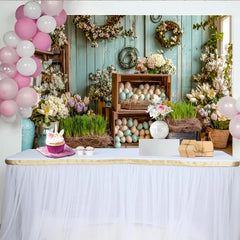Lofaris Rustikaler Osterfotohintergrund mit Pastelleiern und Frühlingsblumen, hellblaues Holz Fotokulisse für Frühlingsdekoration