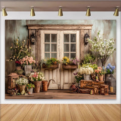 Lofaris Rustikaler Blumen-Garten-Fotohintergrund mit alter Holztür, idyllische Kulisse für Frühlings- und Sommerporträts