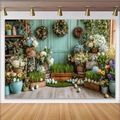 Lofaris Frühlingshafter Osterhintergrund mit Pastell-Ostereiern und bunten Blumen, rustikale Holzwand Kulisse für Fotostudio und Feiern