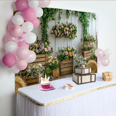 Lofaris Rustikaler Frühlingsblumen-Fotohintergrund mit Holzkisten und Heu, natürliche Kulisse für Fotoshootings und Eventdekoration