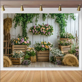 Lofaris Rustikaler Frühlingsblumen-Fotohintergrund mit Holzkisten und Heu, natürliche Kulisse für Fotoshootings und Eventdekoration
