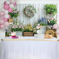 Lofaris Rustikaler Frühlingsgarten-Fotohintergrund mit Blumen und Holzwand, elegante Kulisse für Fotoshootings und Partydekoration