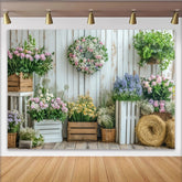 Lofaris Rustikaler Frühlingsgarten-Fotohintergrund mit Blumen und Holzwand, elegante Kulisse für Fotoshootings und Partydekoration