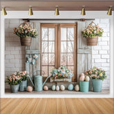 Lofaris Frühlingshafter Osterhintergrund mit Holzfenster und Blumen, pastellfarbene Fotokulisse für Frühlingsfotos und festliche Deko