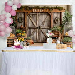 Lofaris Rustikaler Oster-Scheunentor-Hintergrund mit Frühlingsblumen und Hase, charmante Fotokulisse für festliche Frühlingsdekoration