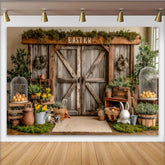 Lofaris Rustikaler Oster-Scheunentor-Hintergrund mit Frühlingsblumen und Hase, charmante Fotokulisse für festliche Frühlingsdekoration