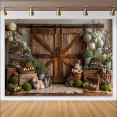 Lofaris Rustikaler Osterhintergrund mit Holzscheunentor Hasen und Eiern, perfekte Fotokulisse für Frühlings- und Osterfotoshootings