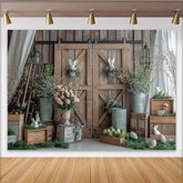 Lofaris Rustikaler Osterhintergrund mit Holztür Hasen und Pastell-Ostereiern, frühlingshafte Fotokulisse für Fotoshootings und Dekoration