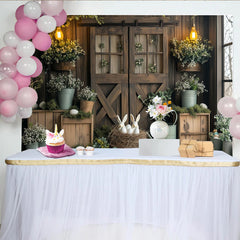 Lofaris Rustikaler Osterhintergrund mit Holzscheunentüren und Hasen, frühlingshafte Fotokulisse für Familienfotos und Feiern