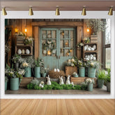 Lofaris Rustikaler Osterhintergrund mit Hasen Eiern und Frühlingsblumen, mintgrüne Holzkulisse für Fotoshooting und Partydekoration