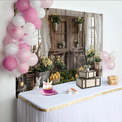 Lofaris Rustikaler Osterhintergrund mit Hasen und bunten Ostereiern, charmante Fotokulisse für Frühlingsfeiern und Fotoshootings