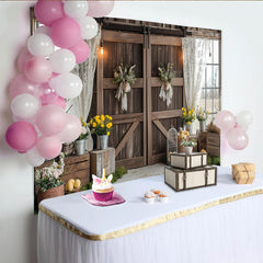 Lofaris Rustikaler Osterhintergrund mit Scheunentür und Spitzenvorhängen, charmante Frühlingskulisse für Fotoshootings