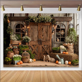 Lofaris Rustikaler Landhaus-Fotohintergrund mit Holztüren und Herbstdeko, gemütliche Kulisse für Fotoshootings und Events