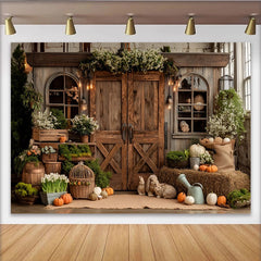Lofaris Rustikaler Landhaus-Fotohintergrund mit Holztüren und Herbstdeko, gemütliche Kulisse für Fotoshootings und Events