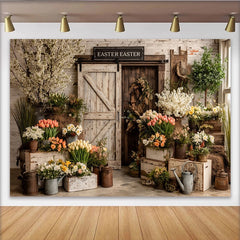 Lofaris Rustikaler Oster-Hintergrund mit Scheunentor und Frühlingsblumen, charmante Kulisse für festliche Fotoshootings und Dekoration