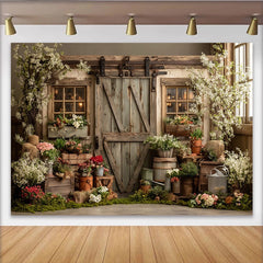 Lofaris Rustikaler Frühlingsgarten Fotohintergrund mit Holzscheunentor und bunten Blumen, ländliche Kulisse für Fotoshooting und Dekoration