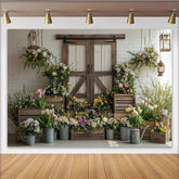 Lofaris Rustikaler Frühlingsgarten Fotohintergrund mit Holzscheunentüren und bunten Blumen, weiße Ziegelwand Kulisse für Fotoshootings