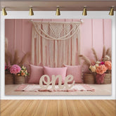 Lofaris Rosa Makramee 1. Geburtstagshintergrund für Mädchen, Boho Fotokulisse für Baby Fotoshooting und Partydekoration
