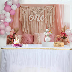 Lofaris Boho Rosa 1. Geburtstag Hintergrund mit Makramee und One-Schriftzug, verträumte Kulisse für Babyfotoshooting und Partydekoration