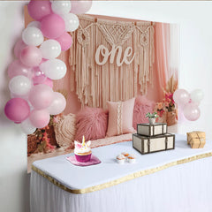 Lofaris Boho Rosa 1. Geburtstag Hintergrund mit Makramee und One-Schriftzug, verträumte Kulisse für Babyfotoshooting und Partydekoration
